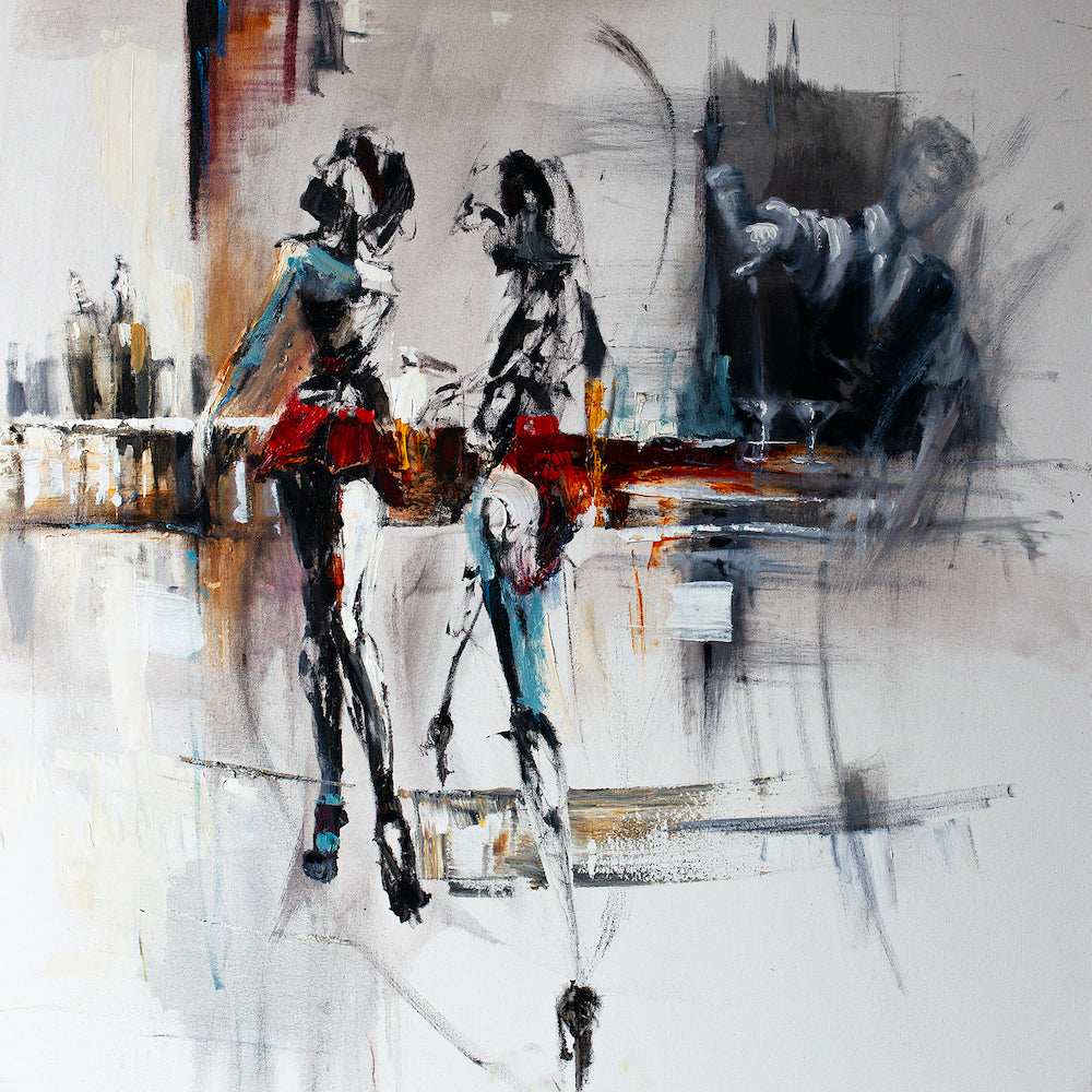 Limited edition fine art canvas featuring a rich, gallery-level figurative scene of two women in elegant attire, rendered. - Girls Night Out/AP/#494 - Artist Proofs, Figurative AP, Rolled Canvas