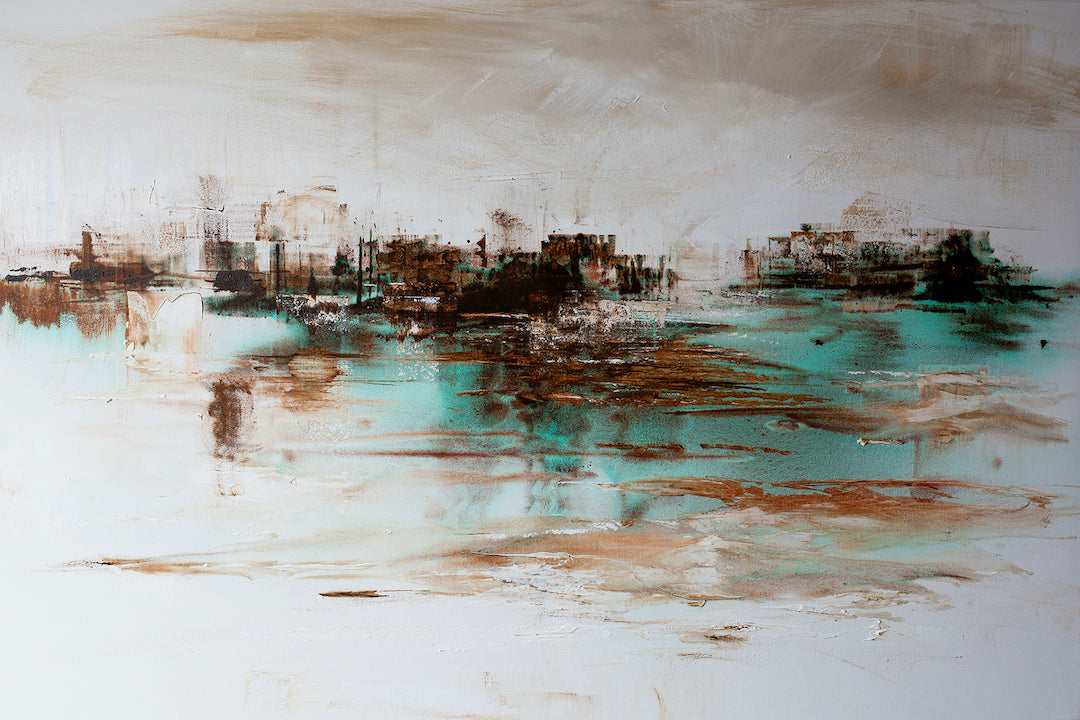 Abstract fine art landscape with rich teal, brown, and beige brushstrokes on rolled canvas, showcasing gallery-level. - Waves/AP/#495 - Abstract AP, Artist Proofs, Rolled Canvas, Water Scenes AP