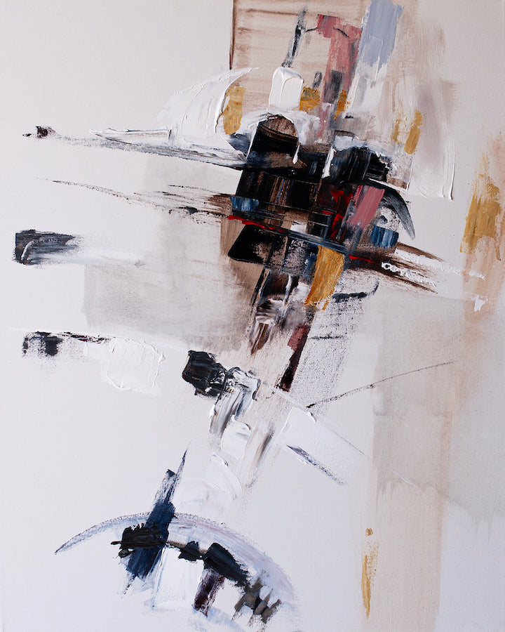 Abstract fine art painting with rich black, white, beige, and brown brushstrokes on canvas, showcasing expert craftsmanship. - Rocket/AP/#496 - Abstract AP, Artist Proofs, Rolled Canvas