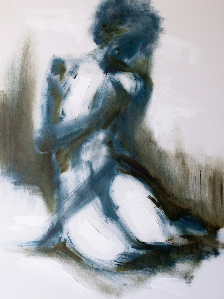 Abstract figurative painting of a nude figure in muted blues and grays on rich, textured background, showcasing. - Nude Study #1/AP/#497 - Artist Proofs, Figurative AP, Rolled Canvas