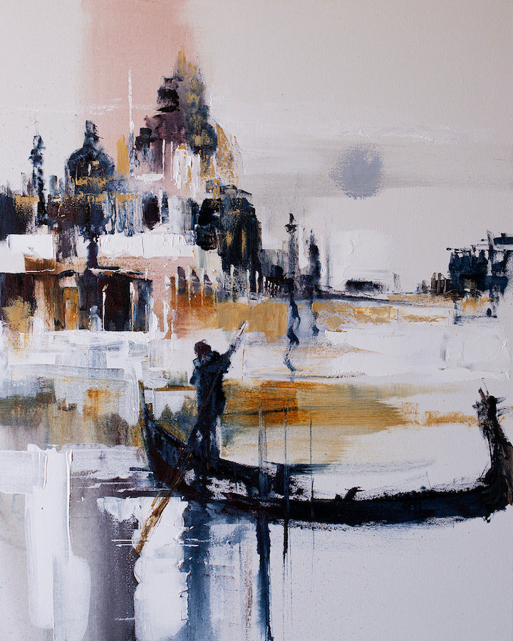 Limited edition fine art canvas featuring a rich, abstract cityscape with gondolas on water, showcasing expert craftsmanship . - San Marco/AP/#498 - Artist Proofs, Cityscape AP, Rolled Canvas, Water Scenes AP