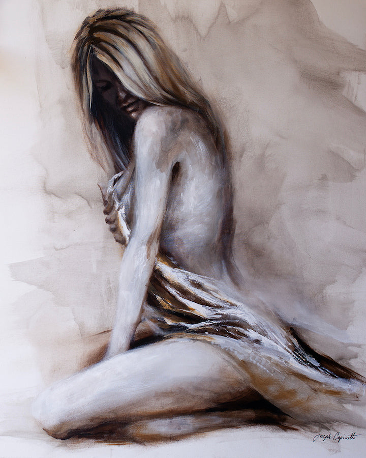 Fine art figurative painting of a seated woman with flowing blonde hair, soft muted tones, and rich, subtle shading on. - Sand and Water/AP/#500 - Artist Proofs, Figurative AP, Rolled Canvas