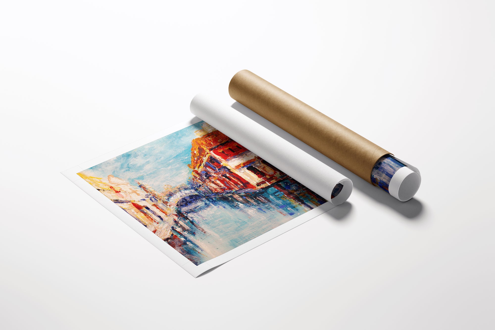 Rolled fine art canvas showing a rich, detailed cityscape with vibrant buildings and water reflections, showcasing. - On the Corner/AP/#501 - Artist Proofs, Cityscape AP, Rolled Canvas, Water Scenes AP