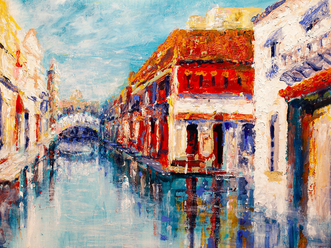 Rich, gallery-level fine art cityscape on canvas featuring textured brushstrokes of a canal flanked by detailed, warm-toned. - On the Corner/AP/#501 - Artist Proofs, Cityscape AP, Rolled Canvas, Water Scenes AP