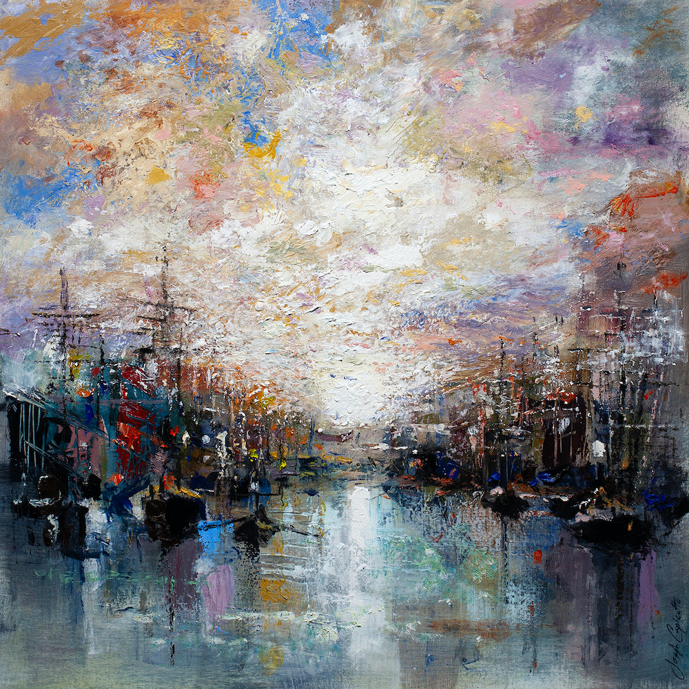 Richly textured fine art canvas depicting a moody harbor landscape with ships under a vibrant, cloudy sky in soft blues,. - Violet Harbour/AP/#504 - Artist Proofs, Landscape AP, Rolled Canvas, Water Scenes AP