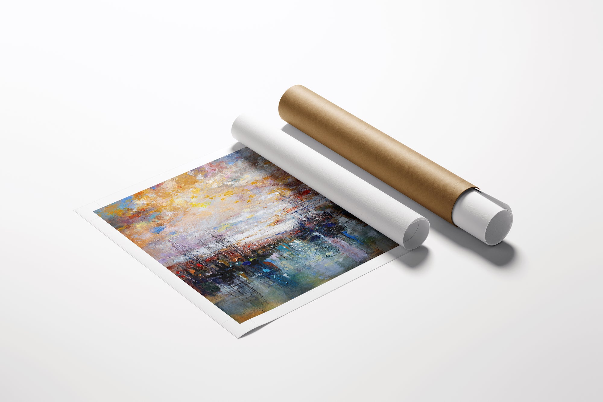 Limited edition fine art print of a rich, textured burnt orange and blue harbor landscape on rolled canvas, showcasing. - Burnt Orange Harbour/AP/#505 - Artist Proofs, Landscape AP, Rolled Canvas, Water Scenes AP