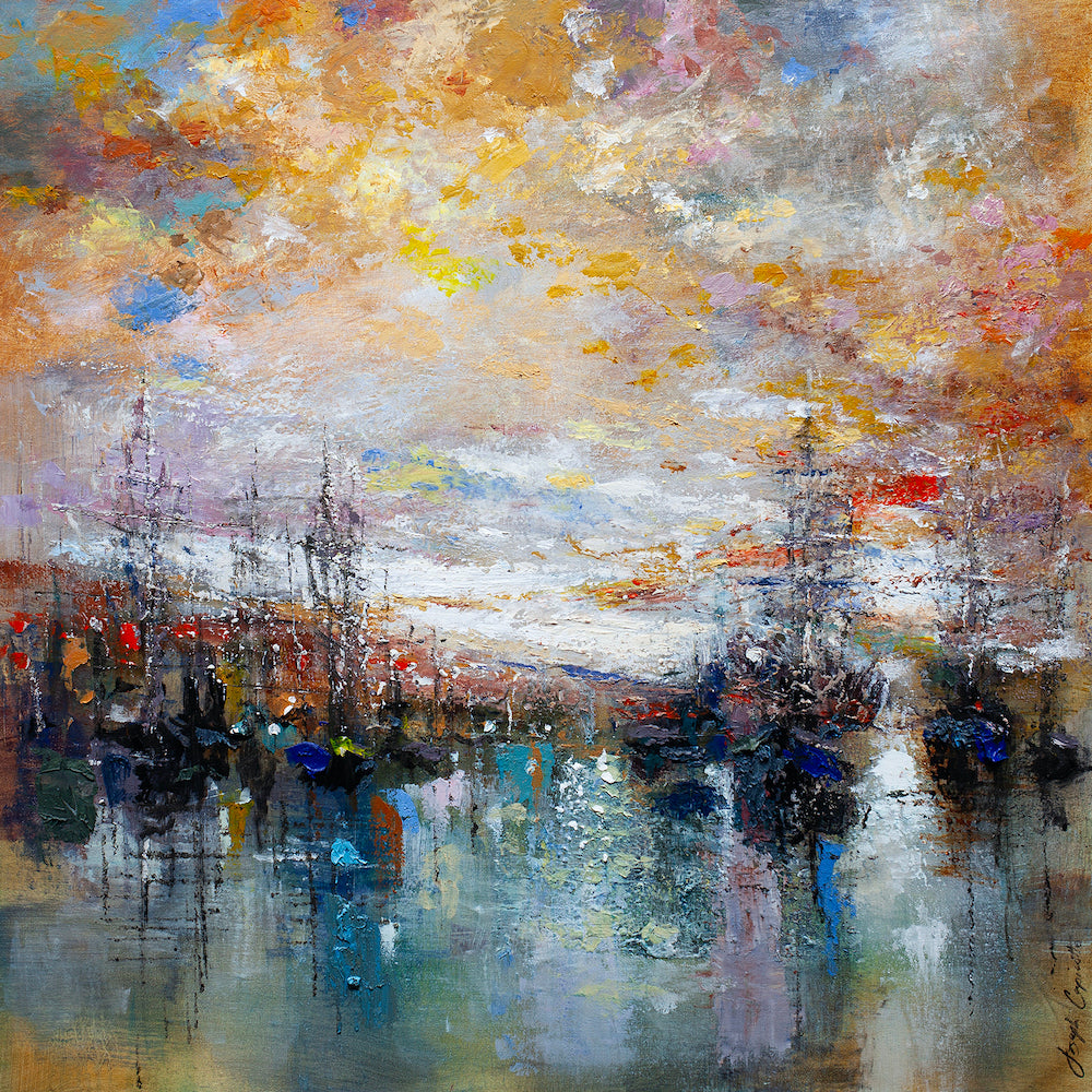 Limited fine art gallery-level painting featuring abstract burnt orange and blue harbor landscape on textured rolled canvas. - Burnt Orange Harbour/AP/#505 - Artist Proofs, Landscape AP, Rolled Canvas, Water Scenes AP