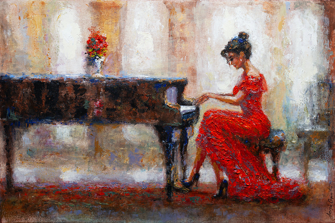 Gallery-level fine art painting of a woman in a rich red gown playing a piano, textured brushstrokes highlighting exquisite. - Melody in Red/AP/#506 - Artist Proofs, Figurative AP, Rolled Canvas, Women & Piano AP