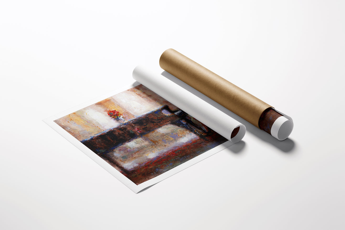Rolled fine art canvas showing rich, gallery-level figurative painting with warm red and brown tones, highlighting. - Melody in Red/AP/#506 - Artist Proofs, Figurative AP, Rolled Canvas, Women & Piano AP
