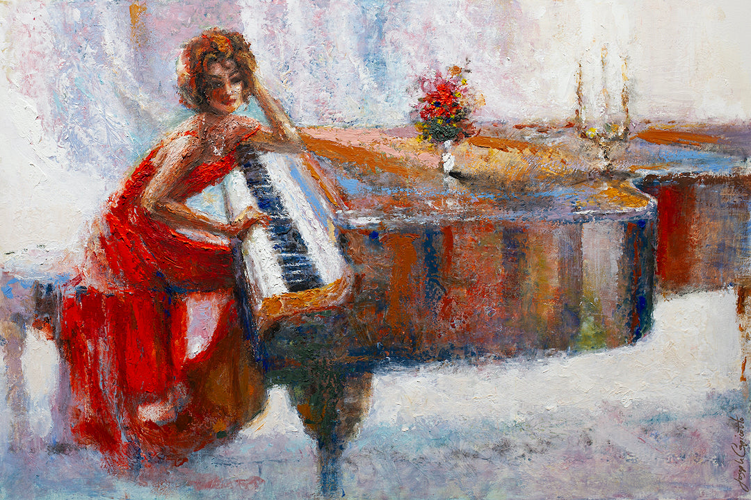 Richly textured fine art depicting a woman in a flowing red dress playing a grand piano, showcasing gallery-level. - Times Revisited/AP/#507 - Artist Proofs, Figurative AP, Rolled Canvas, Women & Piano AP
