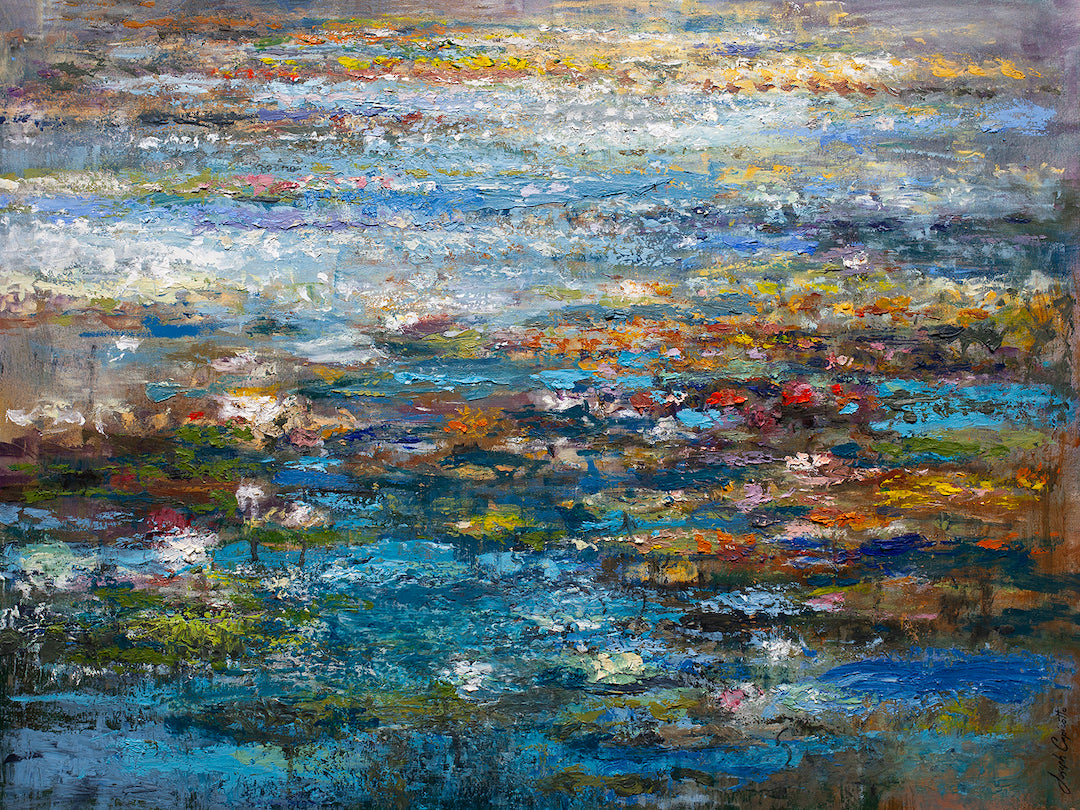 Richly textured blue and earthy landscape pond scene with layered brushwork on gallery-level rolled canvas. - Blue Edge Pond/AP/#508 - Artist Proofs, Landscape AP, Rolled Canvas, Water Scenes AP