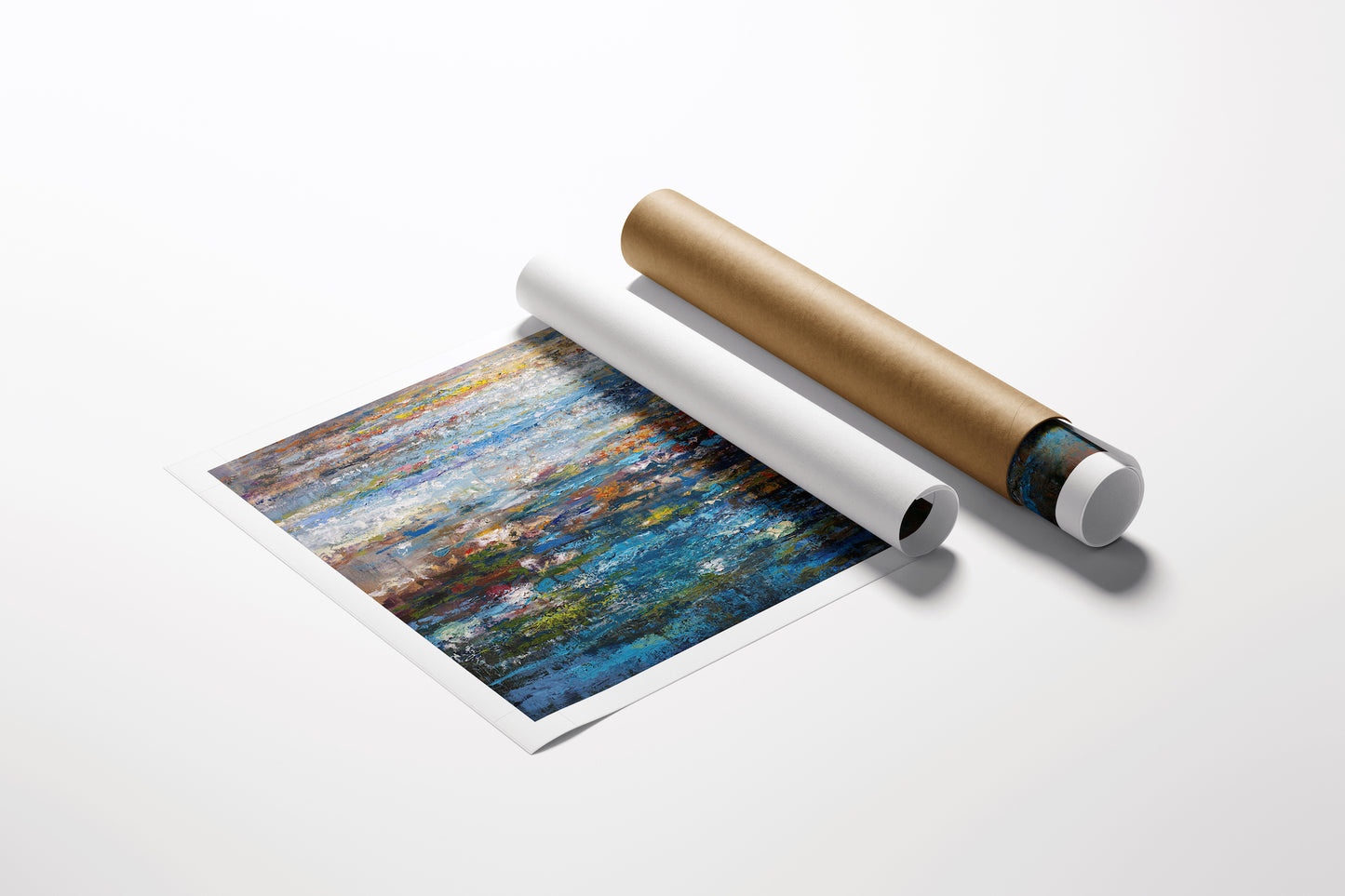 Rolled limited edition fine art canvas featuring rich, textured blue and brown landscape with expert craftsmanship, next to. - Blue Edge Pond/AP/#508 - Artist Proofs, Landscape AP, Rolled Canvas, Water Scenes AP