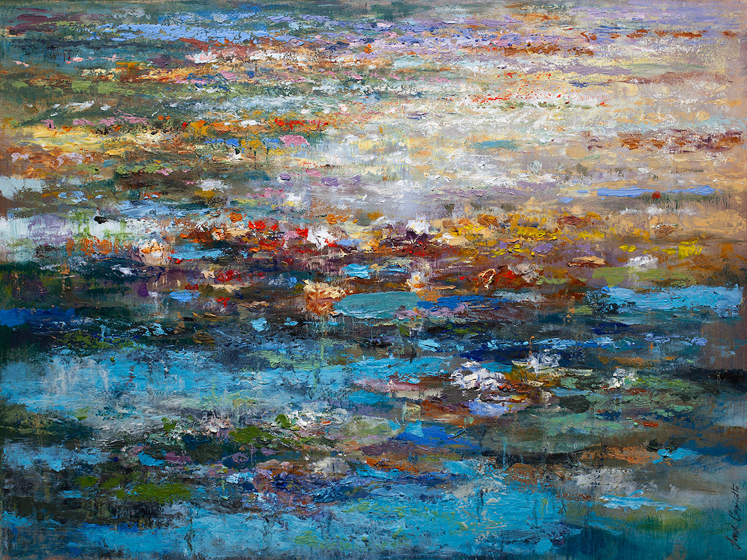 Richly textured fine art canvas depicting a serene pond with layered reflections in vibrant greens, blues, and warm earth. - Green Edge Pond/AP/#509 - Artist Proofs, Landscape AP, Rolled Canvas, Water Scenes AP