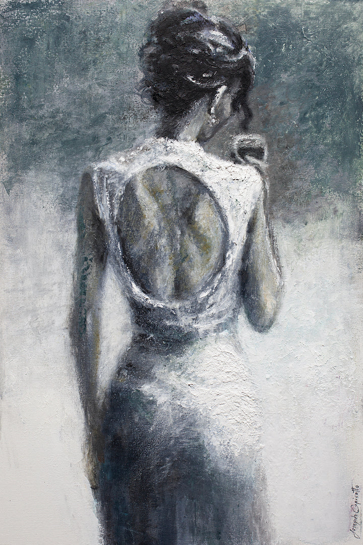 Gallery-level fine art canvas featuring a rich, textured painting of a woman in a backless dress, showcasing exquisite. - Here's to You/AP/#510 - Artist Proofs, Figurative AP, Rolled Canvas