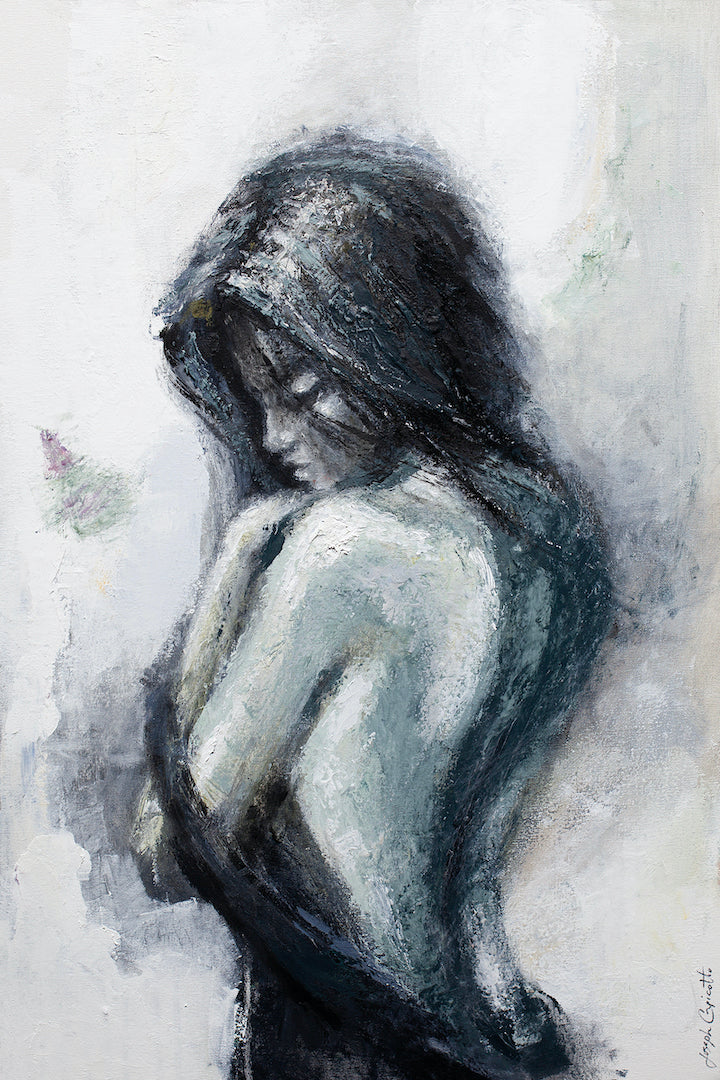 Gallery-level fine art of a contemplative female figure with dark hair, soft brushstrokes, and rich, muted tones on rolled. - Mystify Me/AP/#511 - Artist Proofs, Figurative AP, Rolled Canvas