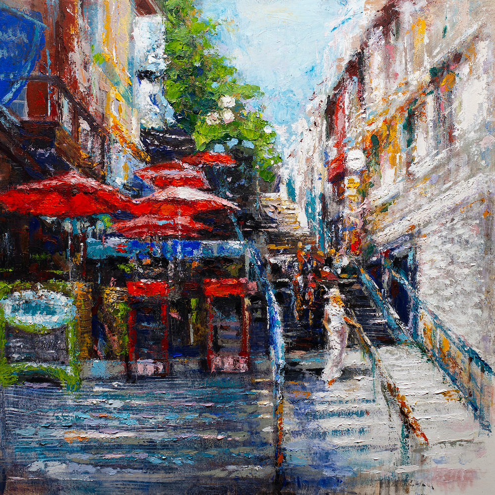 Rich, textured cityscape painting with vibrant red umbrellas, detailed café scene, and intricate brushwork showcasing. - City of Beauty/AP/#512 - Artist Proofs, Cityscape AP, Rolled Canvas