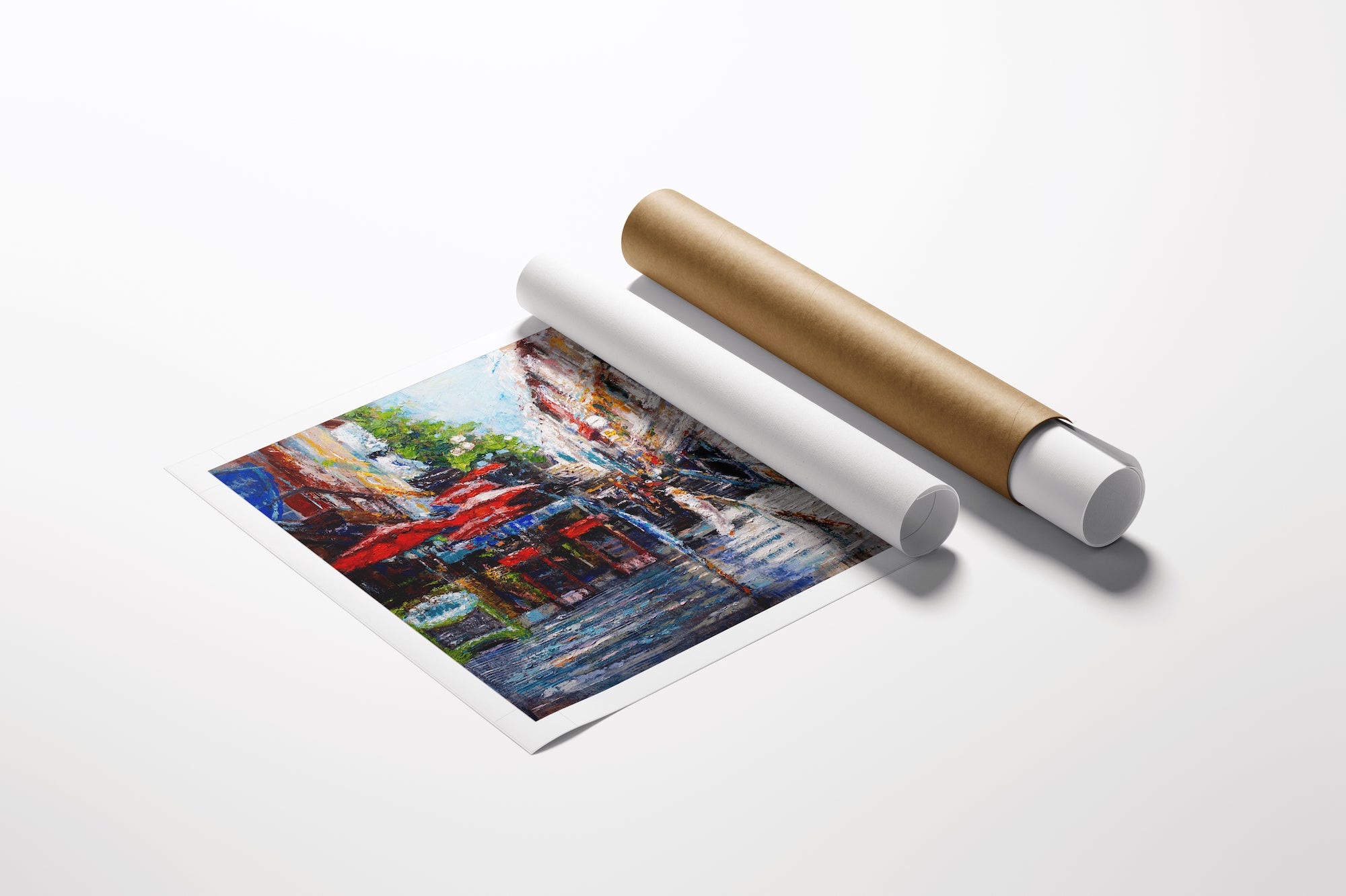 Rolled canvas artwork of a rich, detailed cityscape with vibrant reds and blues, showcasing fine art craftsmanship and. - City of Beauty/AP/#512 - Artist Proofs, Cityscape AP, Rolled Canvas