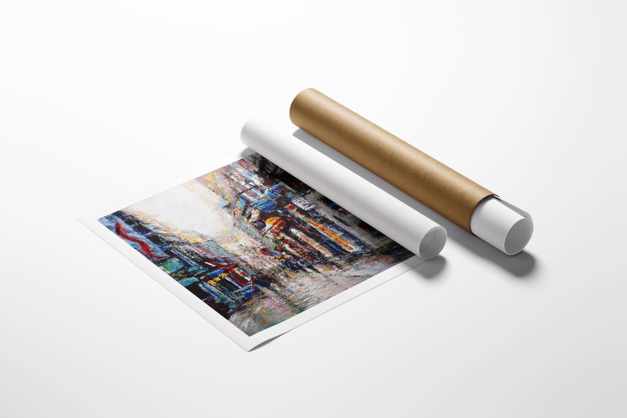 Rolled canvas print of a rich, detailed city street scene showcasing fine art craftsmanship, with two protective tubes on a. - City Street Beauty/AP/#513 - Artist Proofs, Cityscape AP, Rolled Canvas