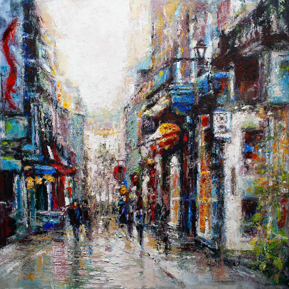 Richly textured fine art canvas depicting a vibrant city street scene with impressionistic brushwork and muted tones,. - City Street Beauty/AP/#513 - Artist Proofs, Cityscape AP, Rolled Canvas