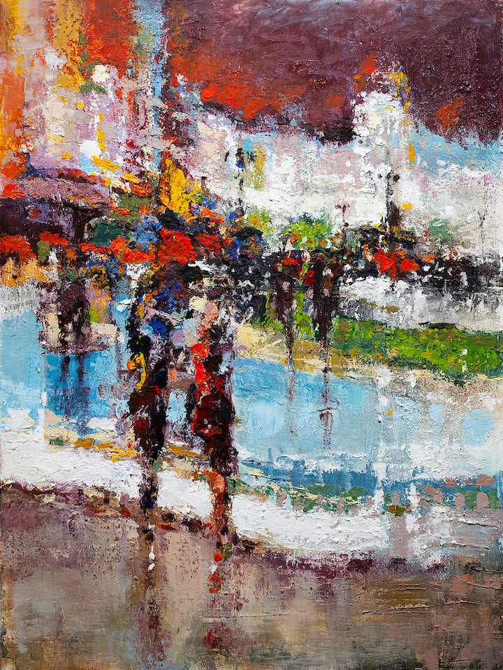 Abstract fine art painting with rich red, orange, and white tones depicting figures by a reflective water surface,. - Out on the Mind/AP/#514 - Abstract AP, Artist Proofs, Rolled Canvas