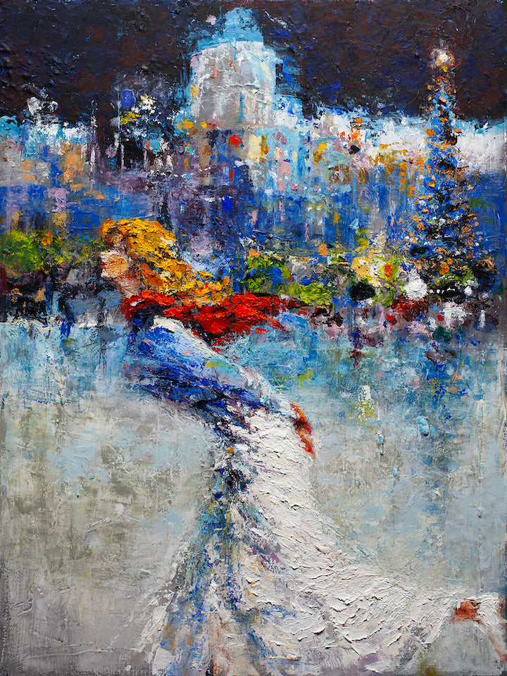 Richly textured fine art canvas depicting a dynamic evening cityscape with a flowing red-scarfed figure, showcasing. - Evening Skate/AP/#515 - Artist Proofs, Cityscape AP, Figurative AP, Rolled Canvas