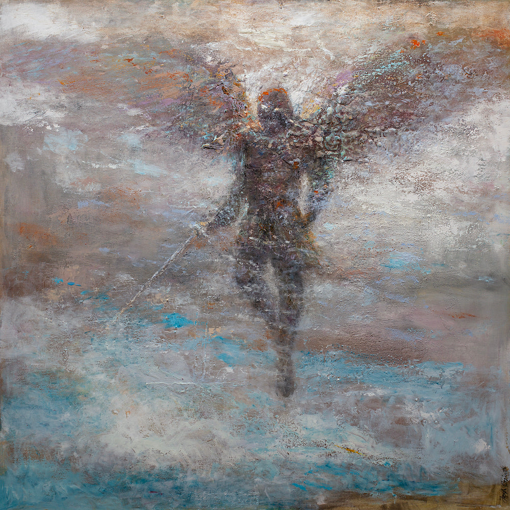 Limited edition fine art figurative painting of a dark angelic figure with outstretched wings, textured rich brushstrokes in . - Archangel/AP/#516 - Artist Proofs, Figurative AP, Rolled Canvas
