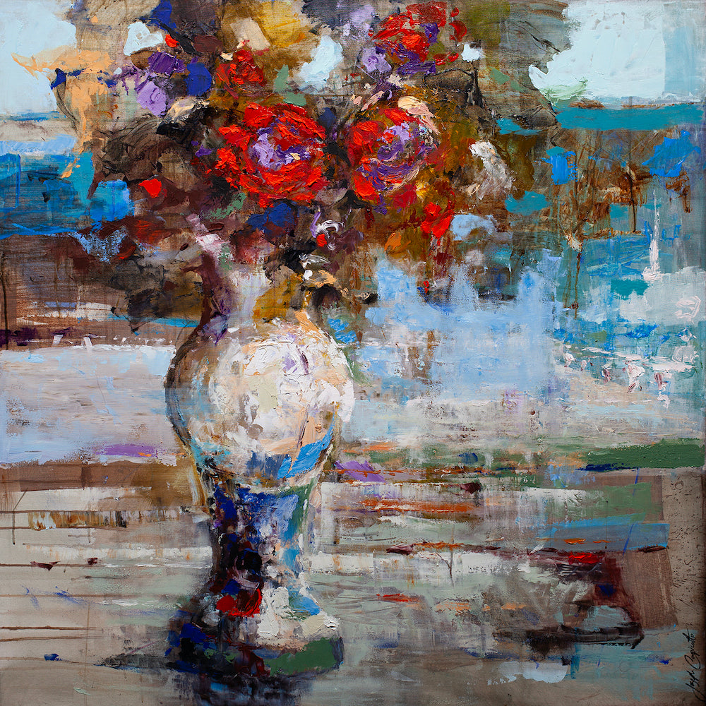 Limited Mediterranean Glow fine art painting with rich red and purple floral bouquet in rustic vase on textured blue and. - Mediterranean Glow 2/AP/#517 - Artist Proofs, Floral AP, Rolled Canvas