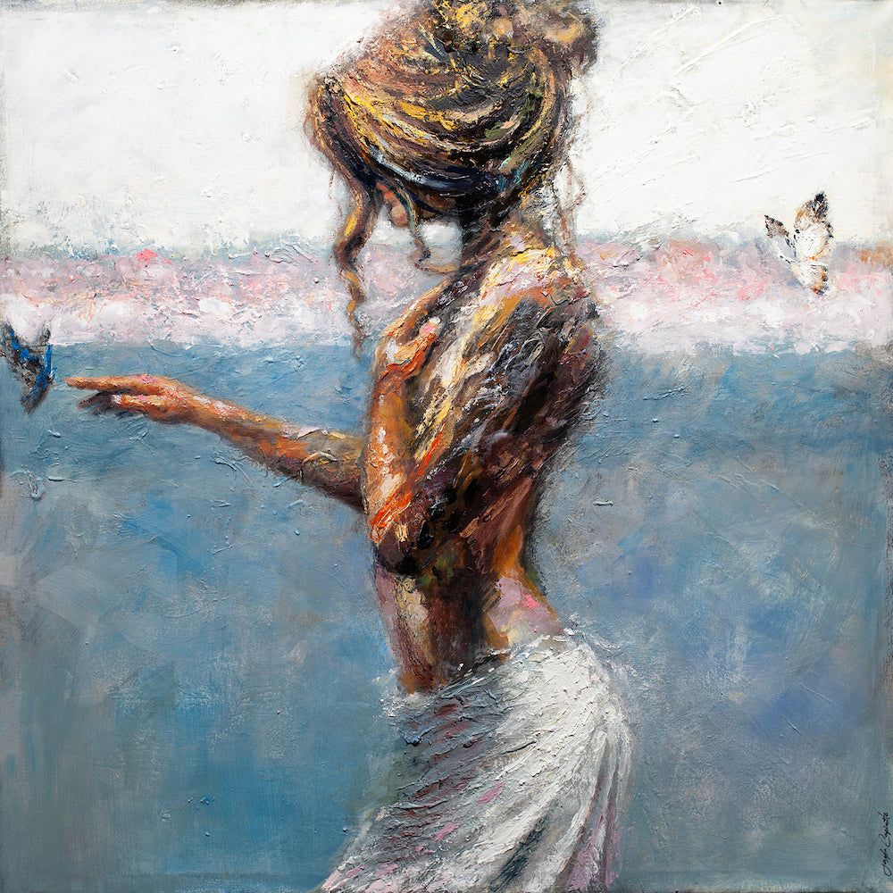 Limited gallery-level fine art portraying a rich textured figurative woman in profile with warm brown hair, soft white. - Silk Touch/AP/#518 - Artist Proofs, Figurative AP, Rolled Canvas