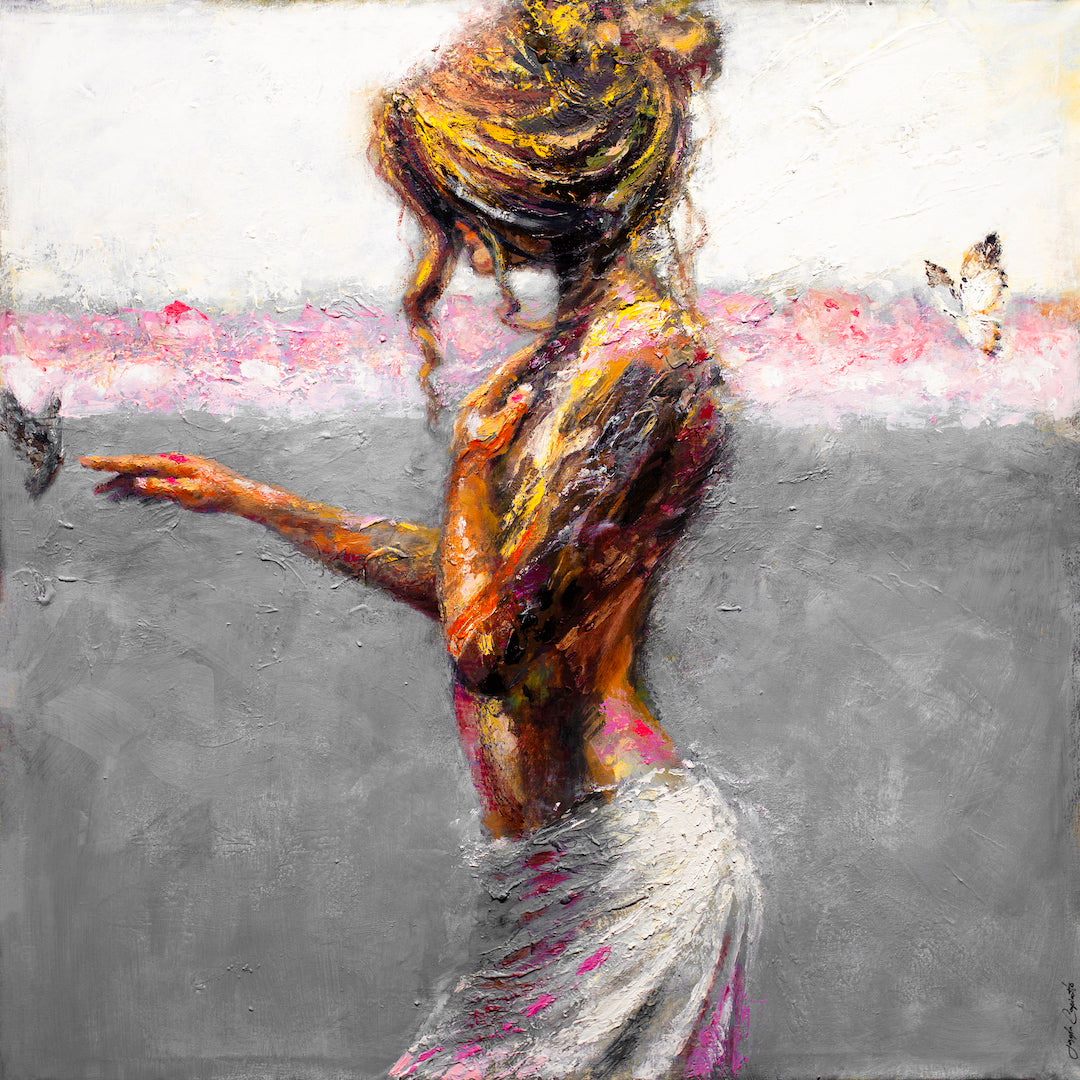 Limited gallery-level fine art canvas featuring a rich, textured figurative painting of a woman with golden hair, wrapped in . - Silk Touch/#518/A - Color, Figurative, Oranges, Prints, Subject Matter