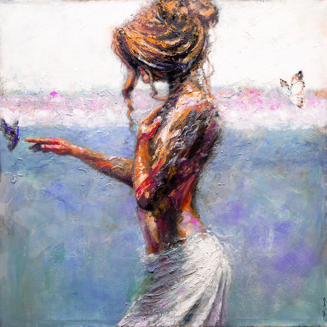 Gallery-level fine art canvas print of a figurative woman in warm orange and rich blue tones, rendered with expressive. - Silk Touch/#518/C - Blues, Color, Figurative, Oranges, Prints, Subject Matter