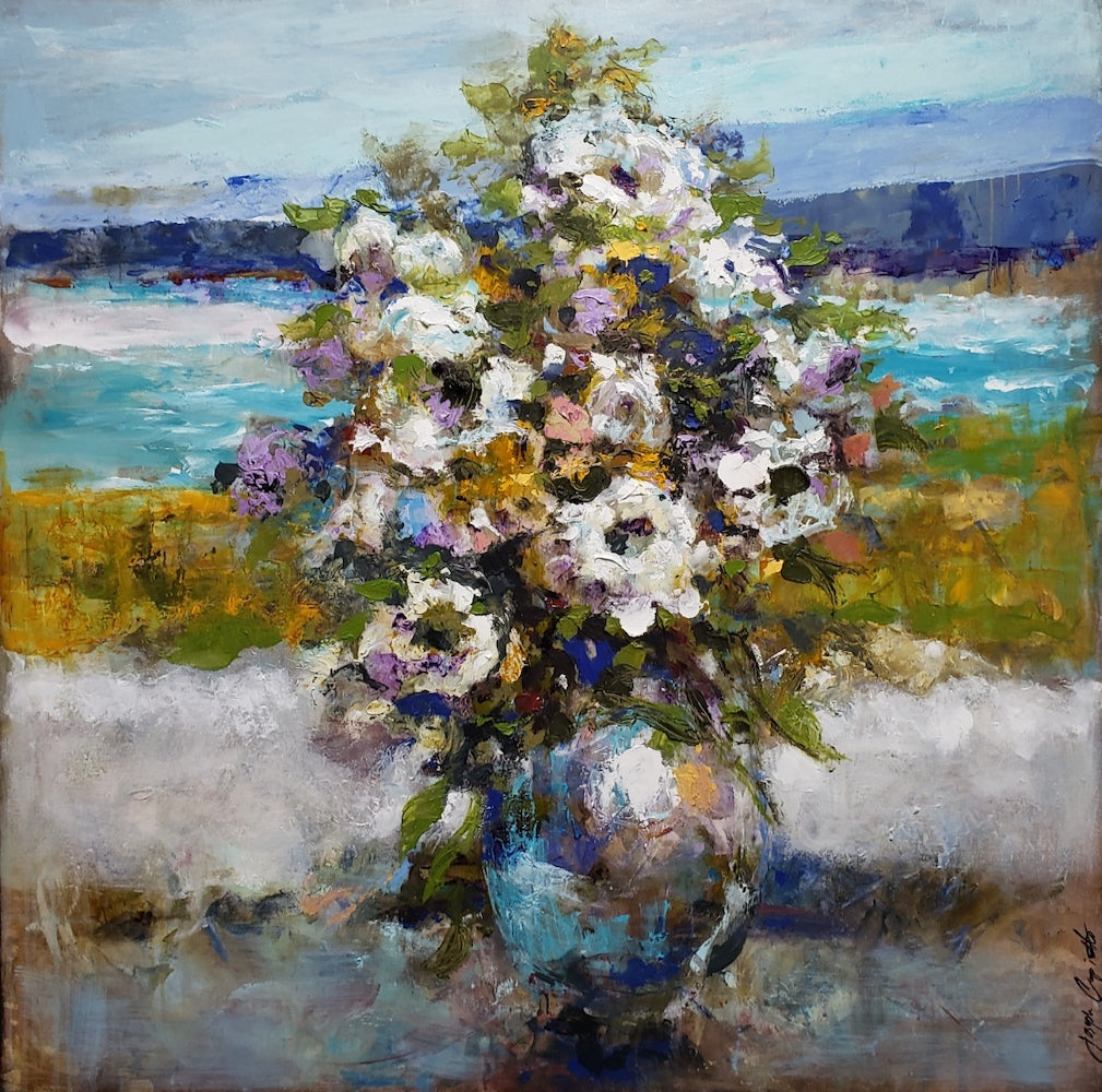 Richly textured fine art painting of a floral bouquet in a round vase, set against a serene blue and green landscape with. - Bouquet Blue/AP/#519 - Artist Proofs, Floral AP, Rolled Canvas