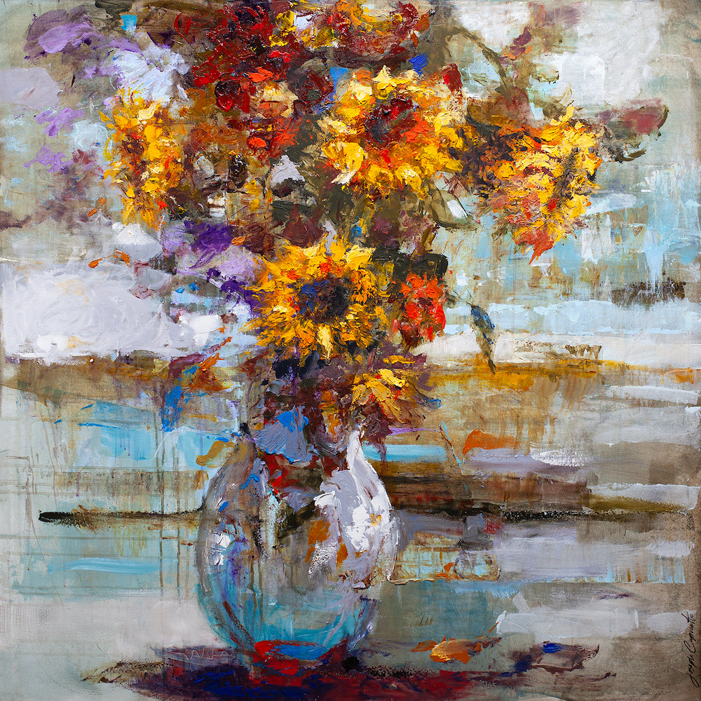 Gallery-level fine art painting of vibrant sunflowers and wildflowers in a clear glass vase with rich textures and bold. - Rise and Shine 2/AP/#520 - Artist Proofs, Floral AP, Rolled Canvas