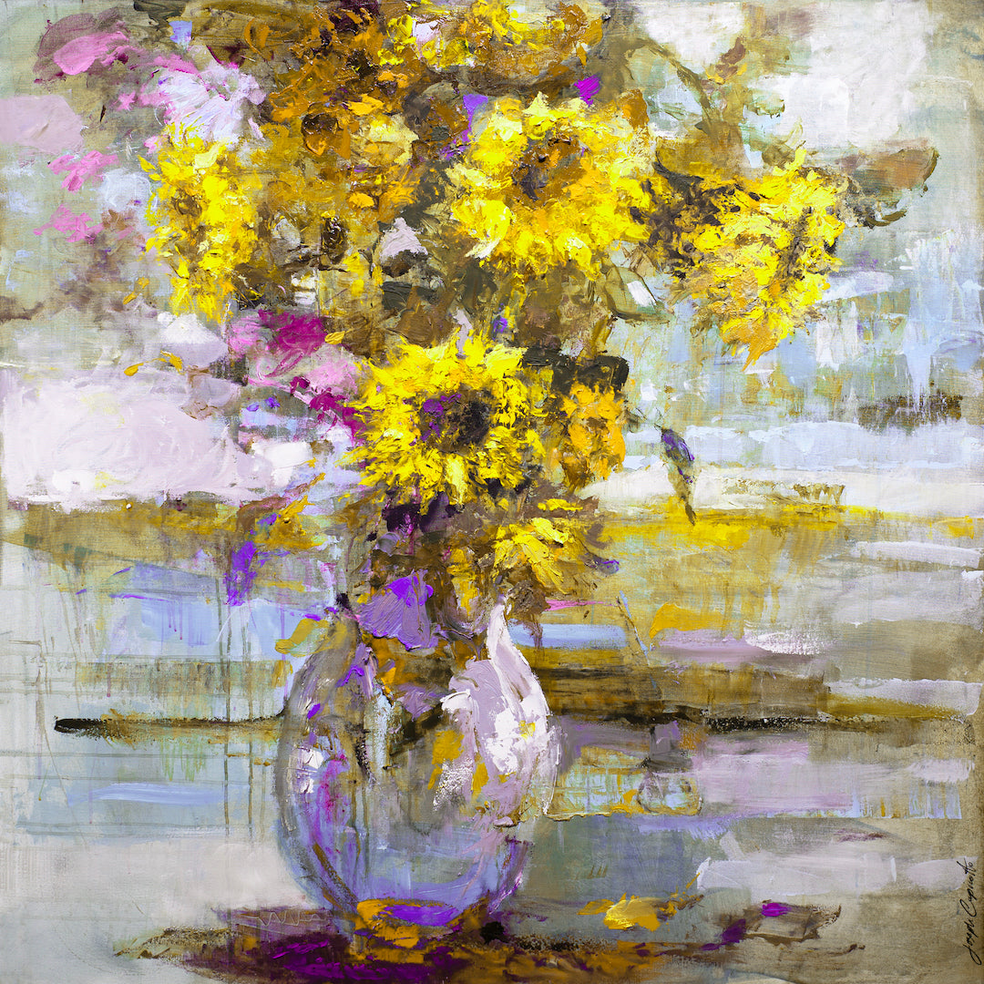 Limited edition fine art canvas featuring rich yellow sunflowers and purple florals in a textured glass vase, showcasing. - Rise and Shine 2/#520/C - Color, Floral, Prints, Purples, Subject Matter, Yellows