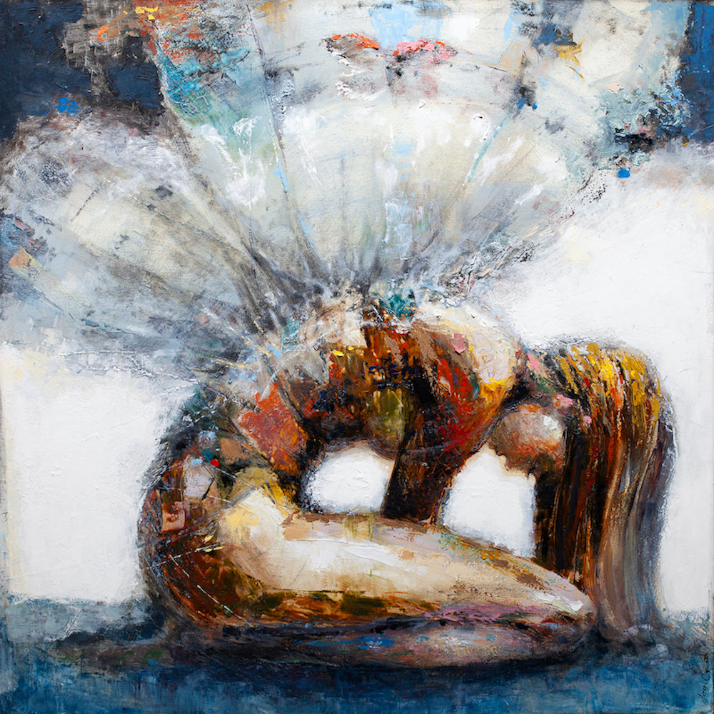 Gallery-level fine art showing a figurative woman kneeling with a large translucent chrysalis wing behind her, rich textured . - Chrysalis/AP/#521 - Artist Proofs, Figurative AP, Rolled Canvas
