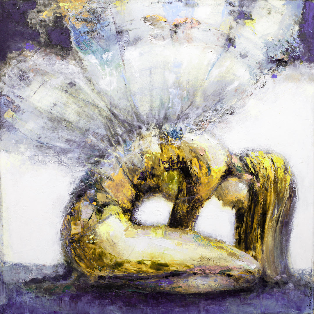 Fine art canvas print of a figurative woman in yellow and purple hues, detailed brushwork, rich texture, gallery-level. - Chrysalis/#521/C - Color, Figurative, Prints, Purples, Subject Matter, Yellows