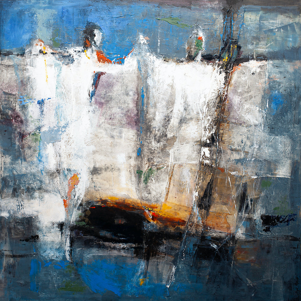 Abstract fine art canvas featuring textured white and gray forms suggesting dancers, set against rich blue and dark tones,. - Disguised in Dance/AP/#522 - Abstract AP, Artist Proofs, Rolled Canvas