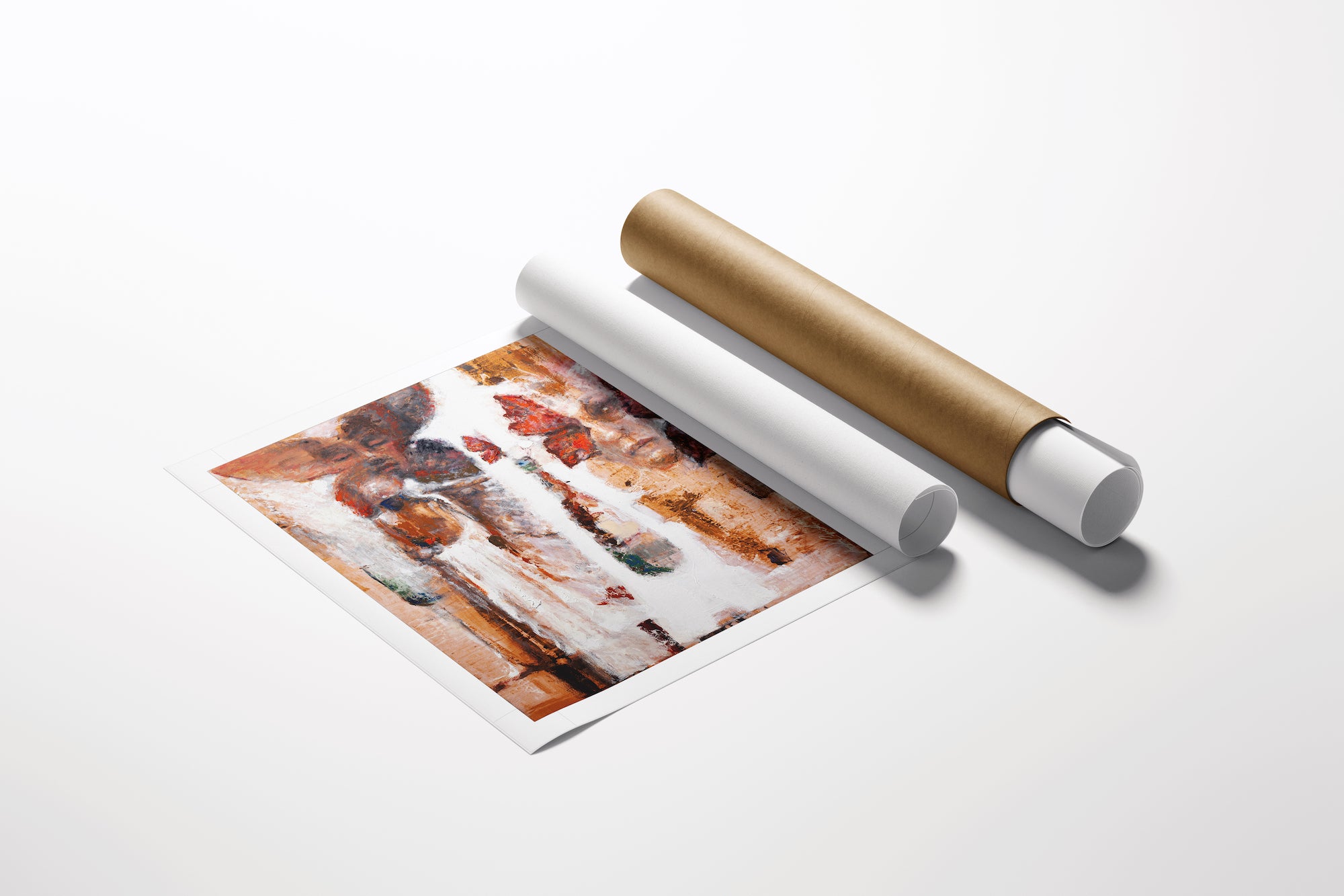 Limited edition fine art sheet with rich earthy abstract colors, displayed alongside two protective rolled canvas tubes in. - Memoirs in Migration/AP/#523 - Abstract AP, Artist Proofs, Rolled Canvas