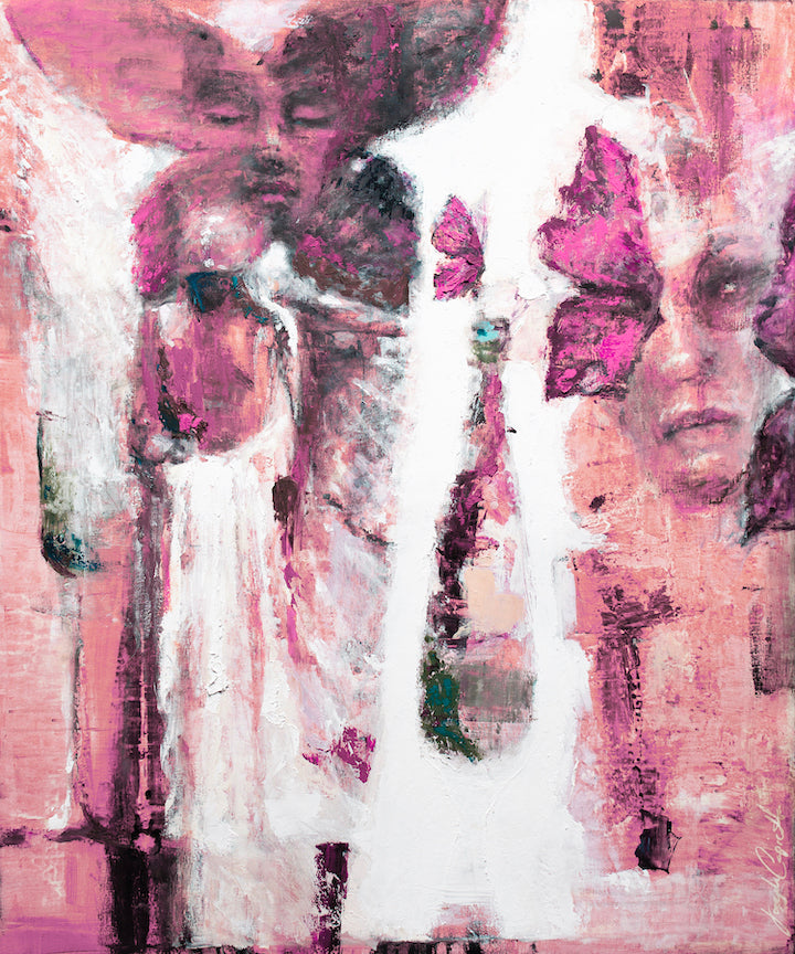 Abstract fine art print in rich purples and pinks with textured brushstrokes depicting ghostly human figures, showcasing. - Memoirs in Migration/#523/A - Abstract, Color, Prints, Purples, Subject Matter