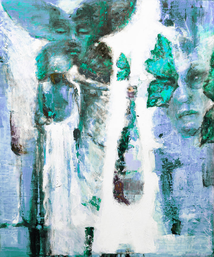 Abstract fine art canvas featuring rich blue and green hues, textured brushstrokes, and ethereal human-like forms,. - Memoirs in Migration/#523/B - Abstract, Blues, Color, Greens, Prints, Subject Matter