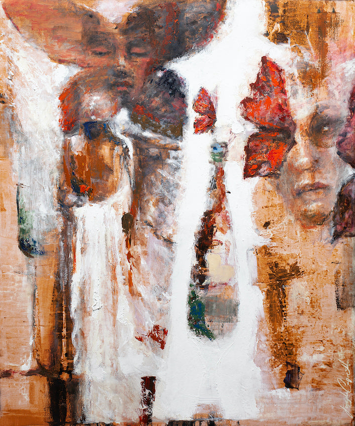 Abstract fine art on canvas featuring textured earthy tones of brown, rust, and cream with ghostly, blurred human faces and. - Memoirs in Migration/AP/#523 - Abstract AP, Artist Proofs, Rolled Canvas