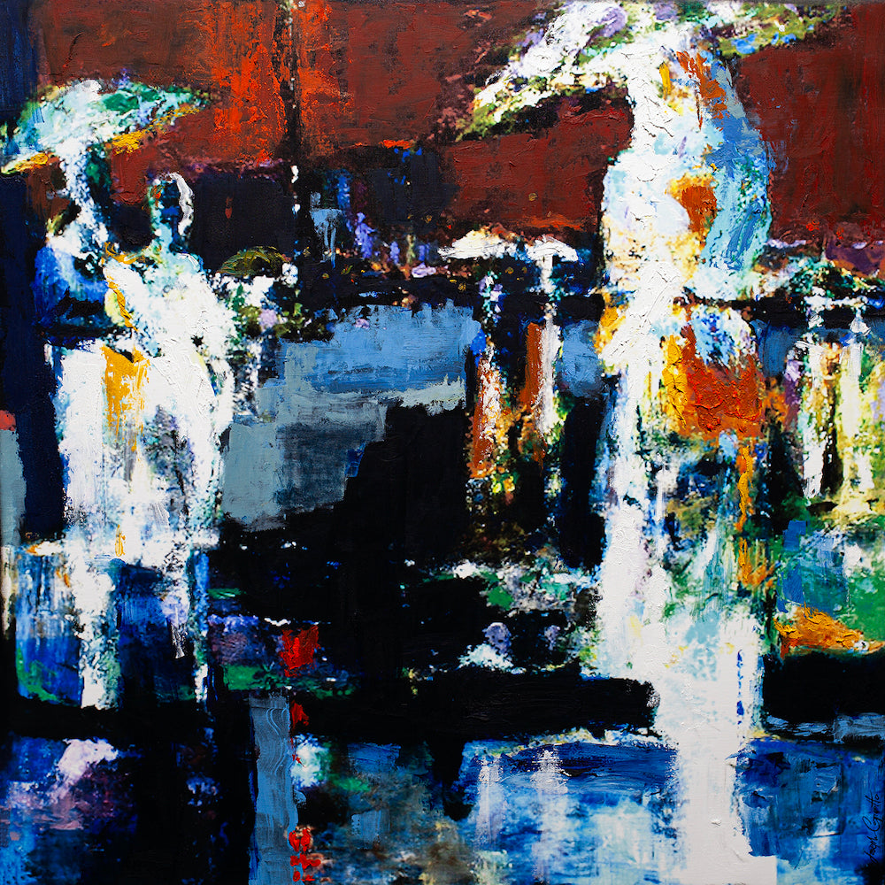 Abstract fine art painting with rich reds, blues, and vibrant whites on a textured canvas, showcasing gallery-level. - Evening Sprinkle/AP/#524 - Abstract AP, Artist Proofs, Rolled Canvas