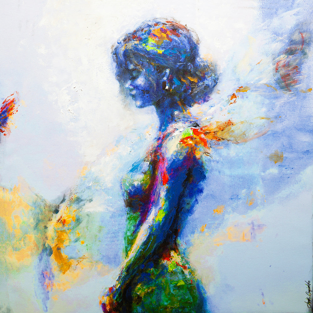 Limited fine art canvas featuring a rich, impressionistic profile of a girl with blue and green tones, accented by vibrant. - Butterfly Girl/AP/#525 - Artist Proofs, Figurative AP, Rolled Canvas
