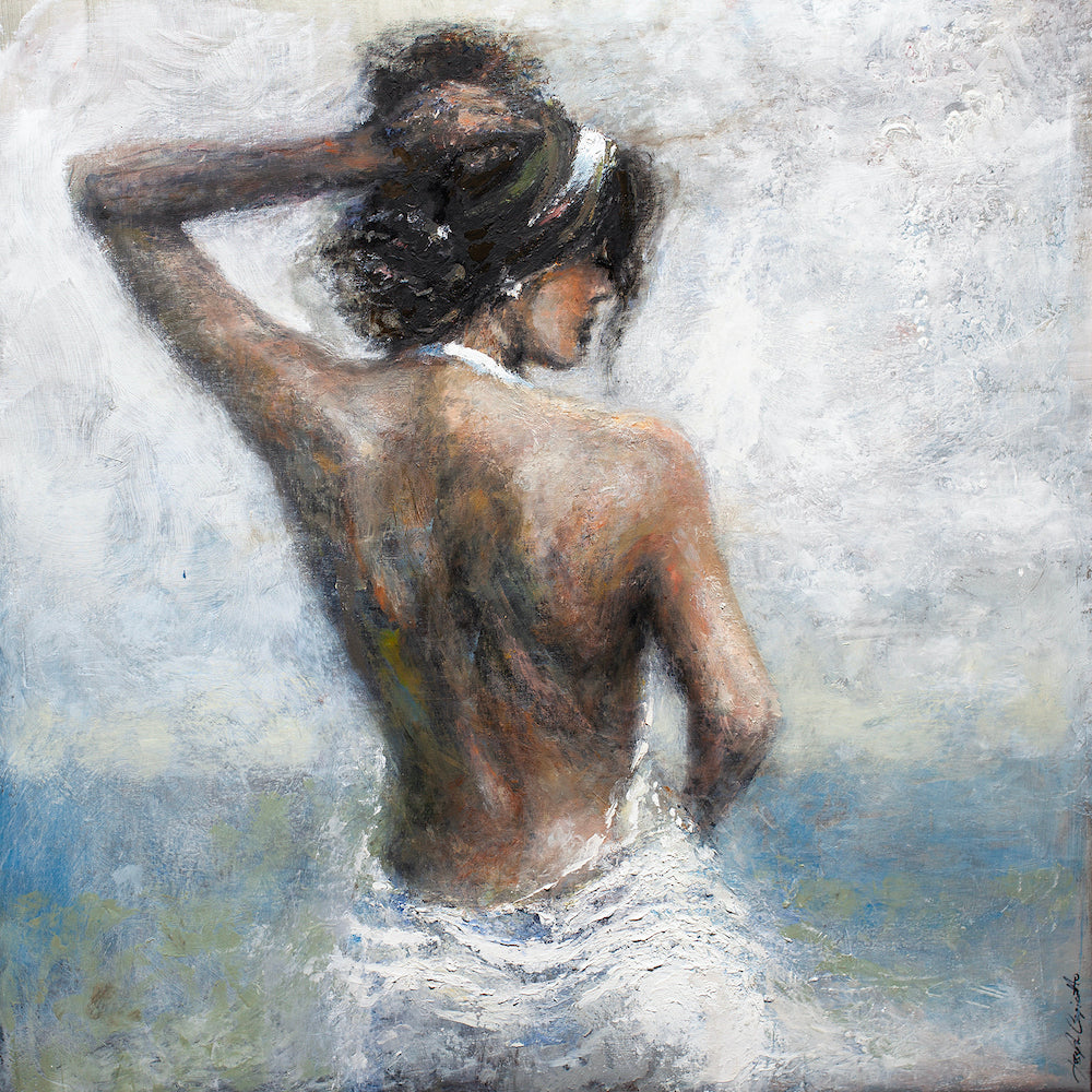Limited edition fine art figurative painting of a woman seen from behind, textured brushwork, rich earthy tones on rolled. - Classic Figure/AP/#526 - Artist Proofs, Figurative AP, Rolled Canvas