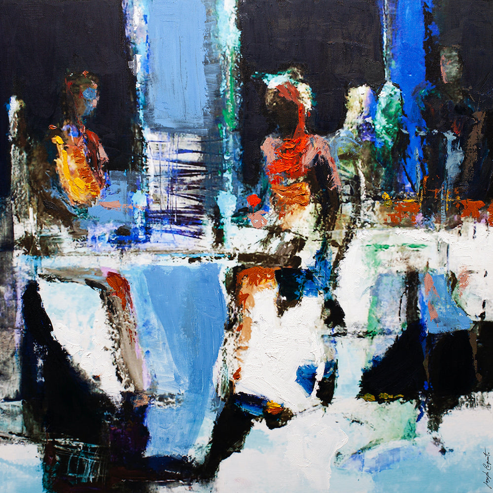 Abstract gallery-level fine art with rich, textured brushstrokes in blue, black, white, and orange depicting figures around. - Nightcap/AP/#527 - Abstract AP, Artist Proofs, Rolled Canvas