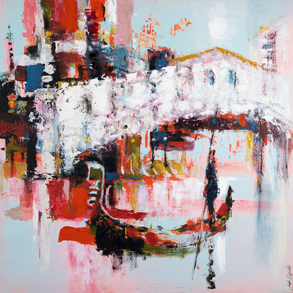Rich, gallery-level fine art canvas depicting a red Rialto Bridge with gondola on water, showcasing textured brushstrokes. - Rialto in Red/AP/#528 - Artist Proofs, Cityscape AP, Rolled Canvas, Water Scenes AP