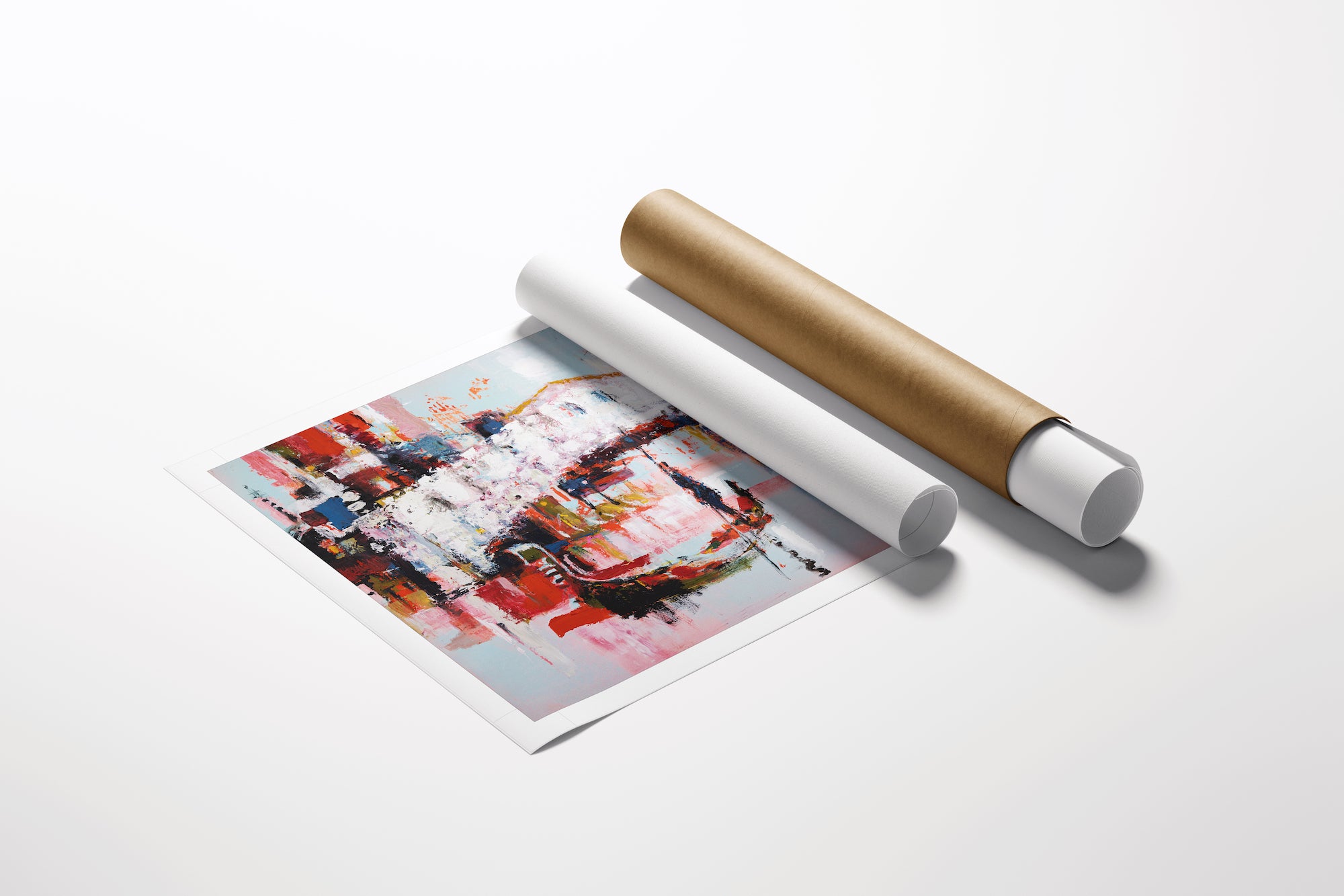 Limited gallery-level fine art cityscape print with rich red and white tones, rolled canvas packaging. - Rialto in Red/AP/#528 - Artist Proofs, Cityscape AP, Rolled Canvas, Water Scenes AP