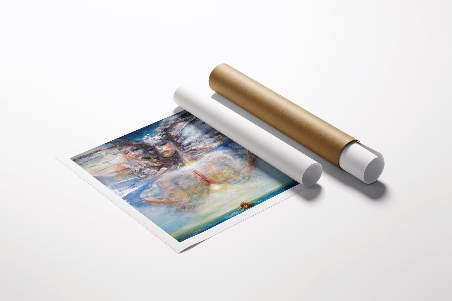 Rolled canvas fine art print with rich blue and earthy tones depicting serene water scenes, showcasing gallery-level. - Let it Be/AP/#529 - Artist Proofs, Figurative AP, Rolled Canvas, Water Scenes AP