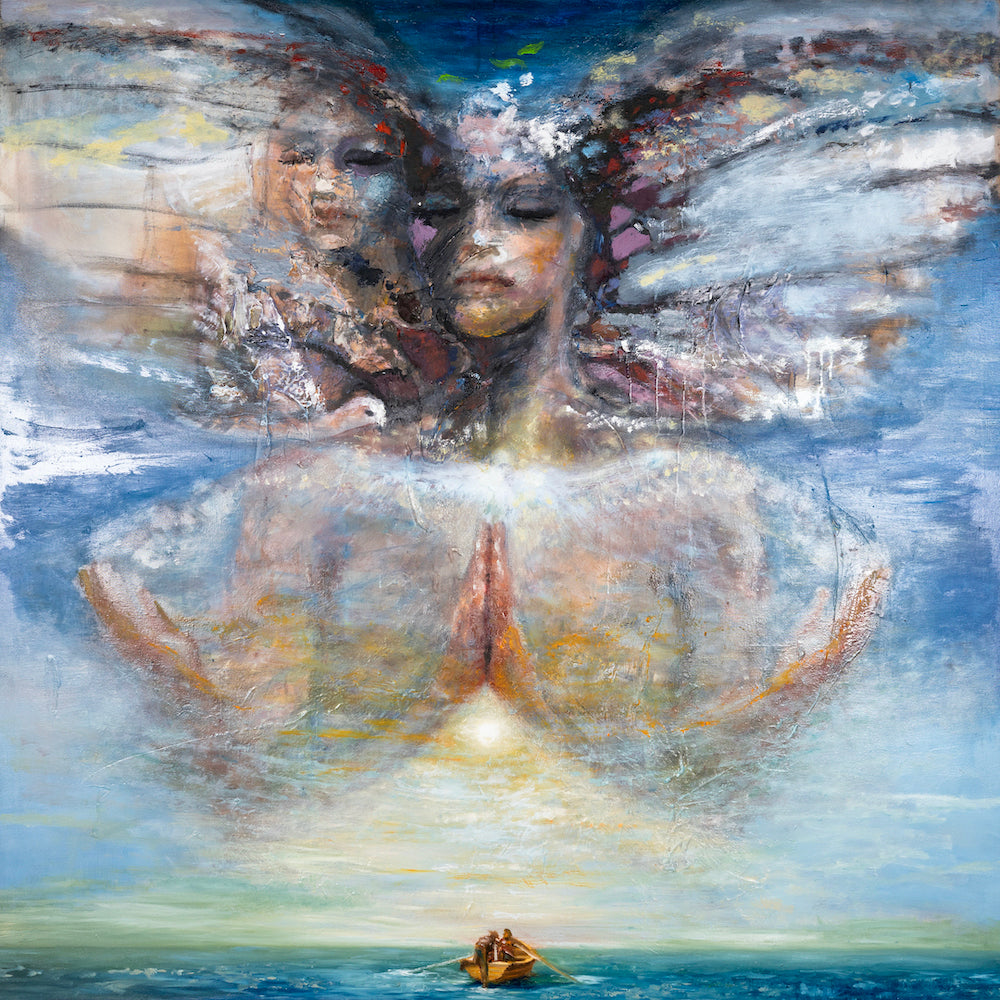 Limited fine art canvas featuring a rich, gallery-level figurative scene with serene female faces and hands above a small. - Let it Be/AP/#529 - Artist Proofs, Figurative AP, Rolled Canvas, Water Scenes AP