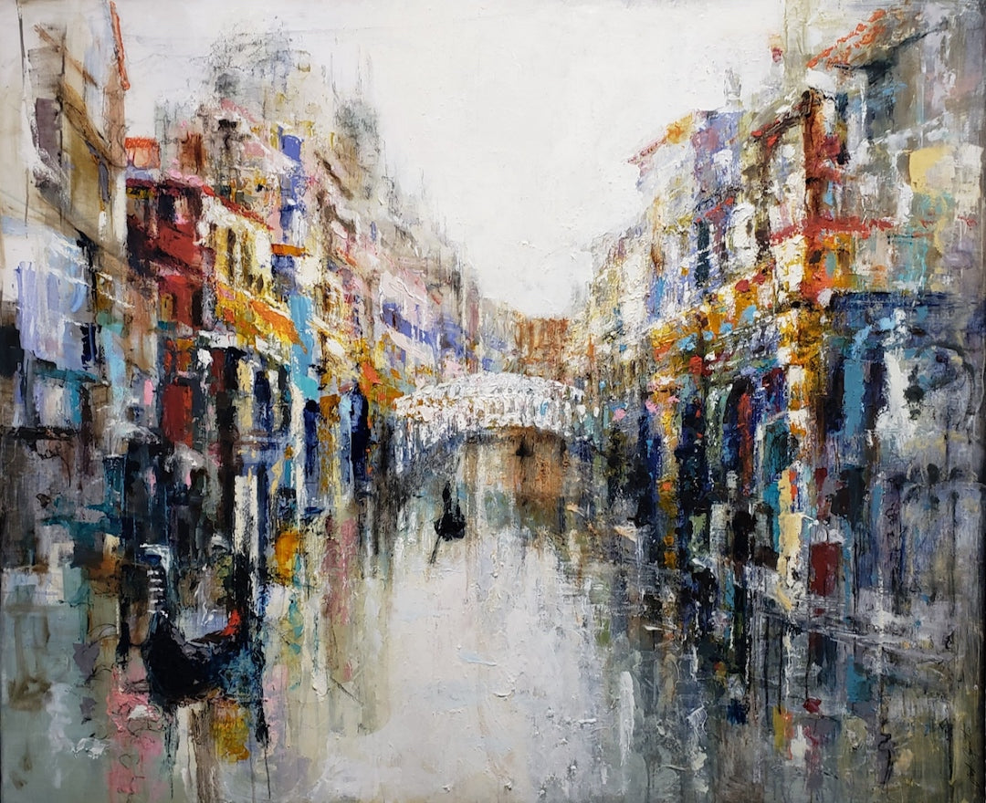 Limited fine art canvas depicting a rich, textured cityscape of colorful canal buildings with detailed brushwork and subtle. - Canals of Color 2/AP/#530 - Artist Proofs, Cityscape AP, Rolled Canvas, Water Scenes AP