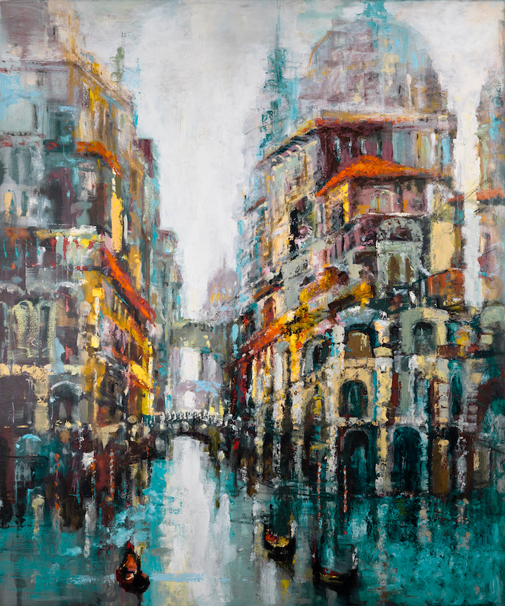 Rich, gallery-level fine art canvas of Venetian cityscape with blues and oranges highlighting water scenes and architectural . - Venetian Perspective 2/#531/B - Blues, Cityscape, Color, Oranges, Prints, Subject Matter, Water Scenes